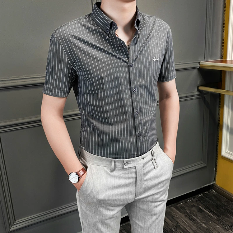 

Business Stripe Mens Shirts Short Sleeve Casual Slim Fit Shirt Dress Camisa Masculina Streetwear Social Blouse Chemise Homme