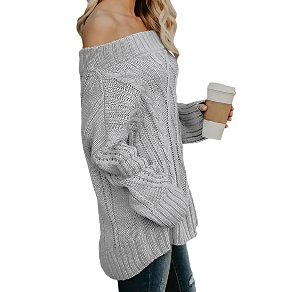 StylishBar Autumn Solid Long Sleeve Cable Knitting Slash Neck Loose Sweater Women's Sexy Off The Shoulder Baggy Pullover 