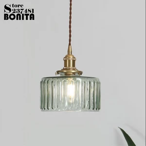 Подвесной светильник из латуни и стекла, в скандинавском винтажном стиле, с резным узором в виде водяной волны, Медный Подвесной светильник, стеклянные абажуры
