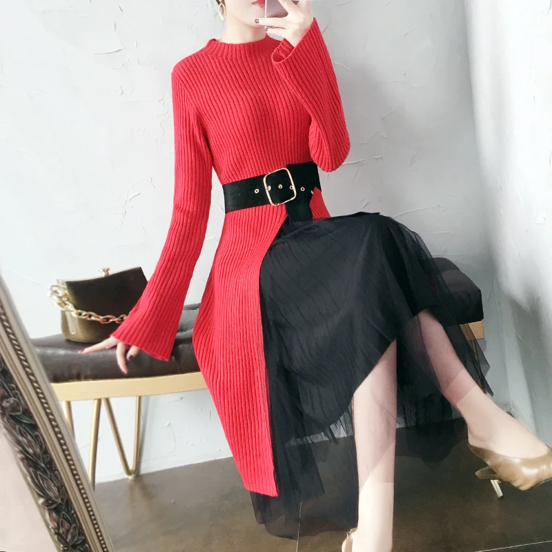Модное женское трикотажное платье новинка женский красный свитер и сетчатая