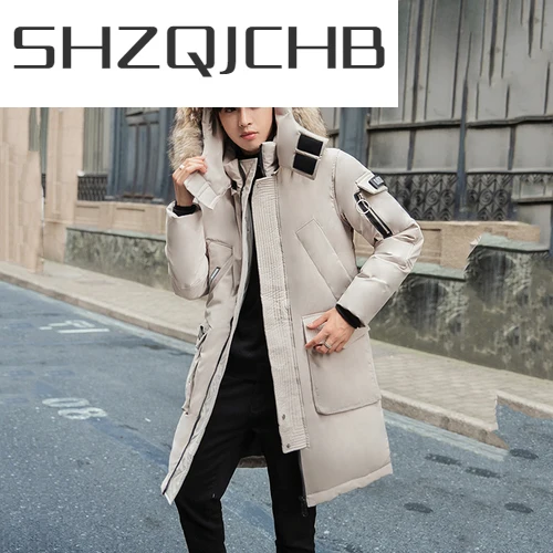 

SHZQ Зимняя Теплая мужская куртка с большим меховым капюшоном брендовая одежда 2021 Корейская длинная толстая пуховая куртка пальто зимнее LW1653