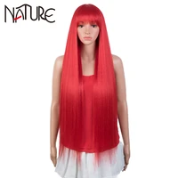 nature wig 38 inch bangs long straight synthetic wigs for women ombre brown wine red heat resistant wigs cosplay free shipping