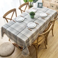 ins northern european style faux cotton linen yarn dyed gradient grey plaid tassel lace geometry rectangular teapoy table cloth