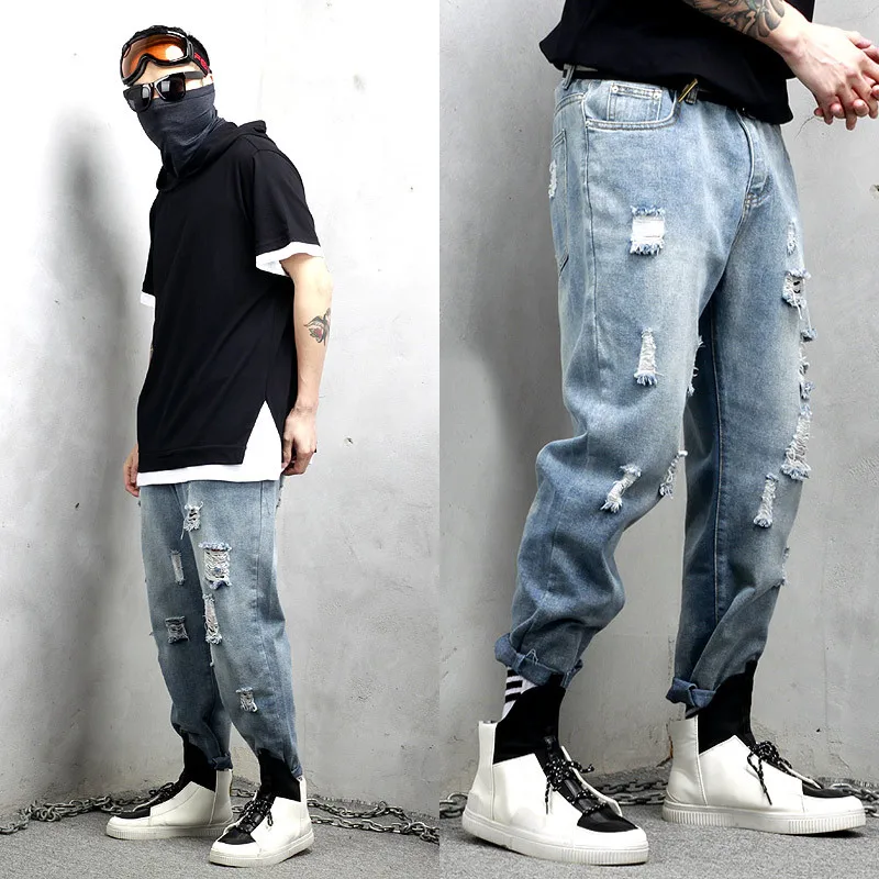 Hole jeans men 2019 spring tide brand Japanese large size male hairy light blue straight nine pants more M-5XL | Мужская одежда