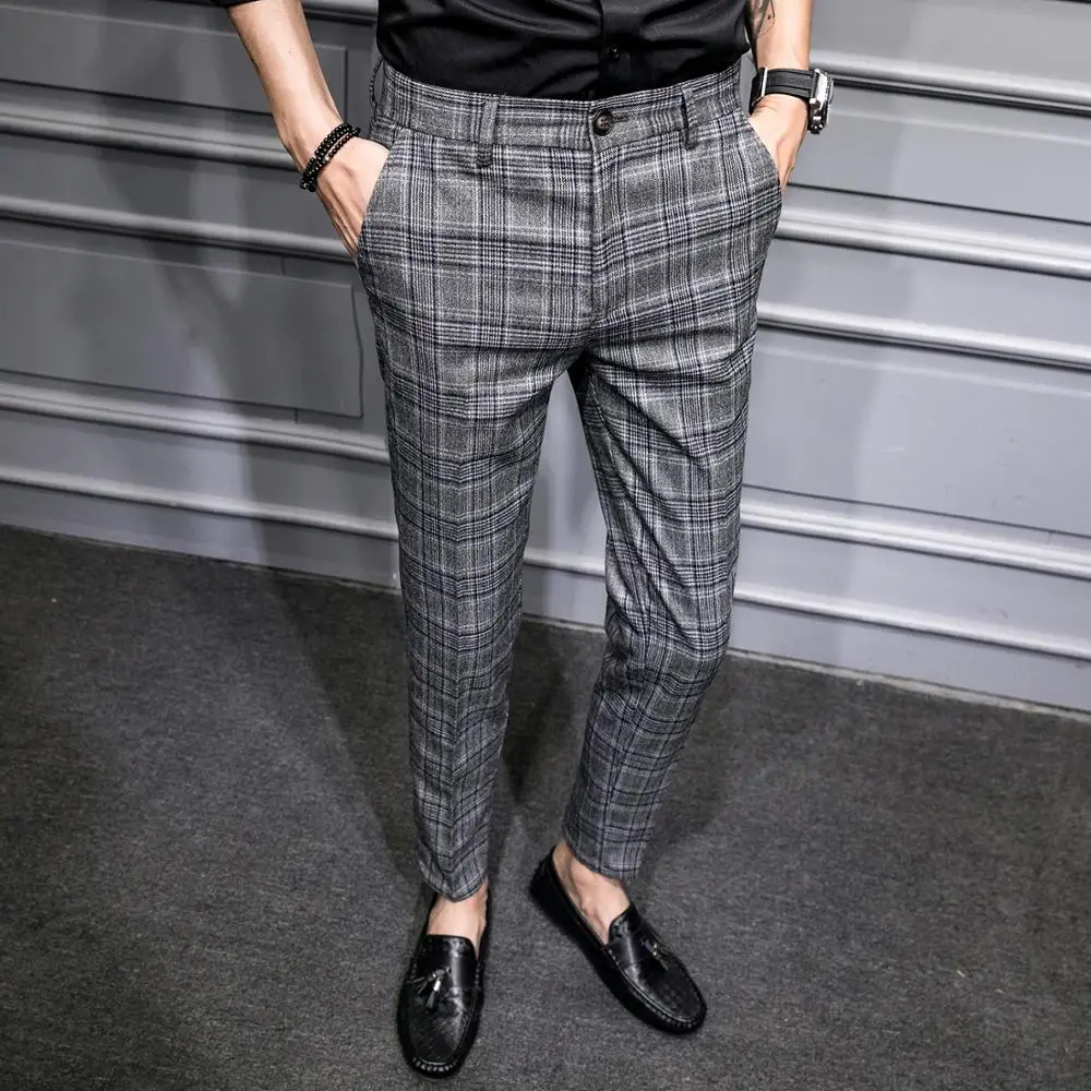 Британский стиль хаки серый решетки мужские брюки костюм Бизнес повседневные