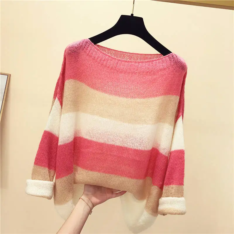 

Round Neck Long-sleeved Striped Knitted Sweater Women Thin Simple Commuting Loose Lazy Pullover Sweater Female Spring Summer
