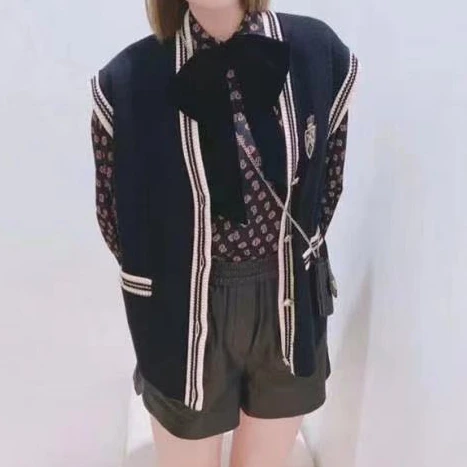 

Women Sweater Summer 2021 New V-neck Single-breasted College Style Contrast Knitted Vest