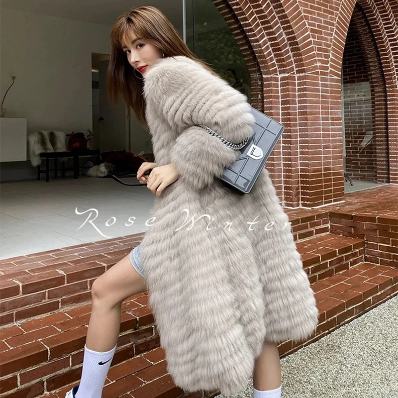 Female Women Winter Fur Strip Sewed Toghter Real Fox Fur Long Jacket Outerwear Coat Length 95cm