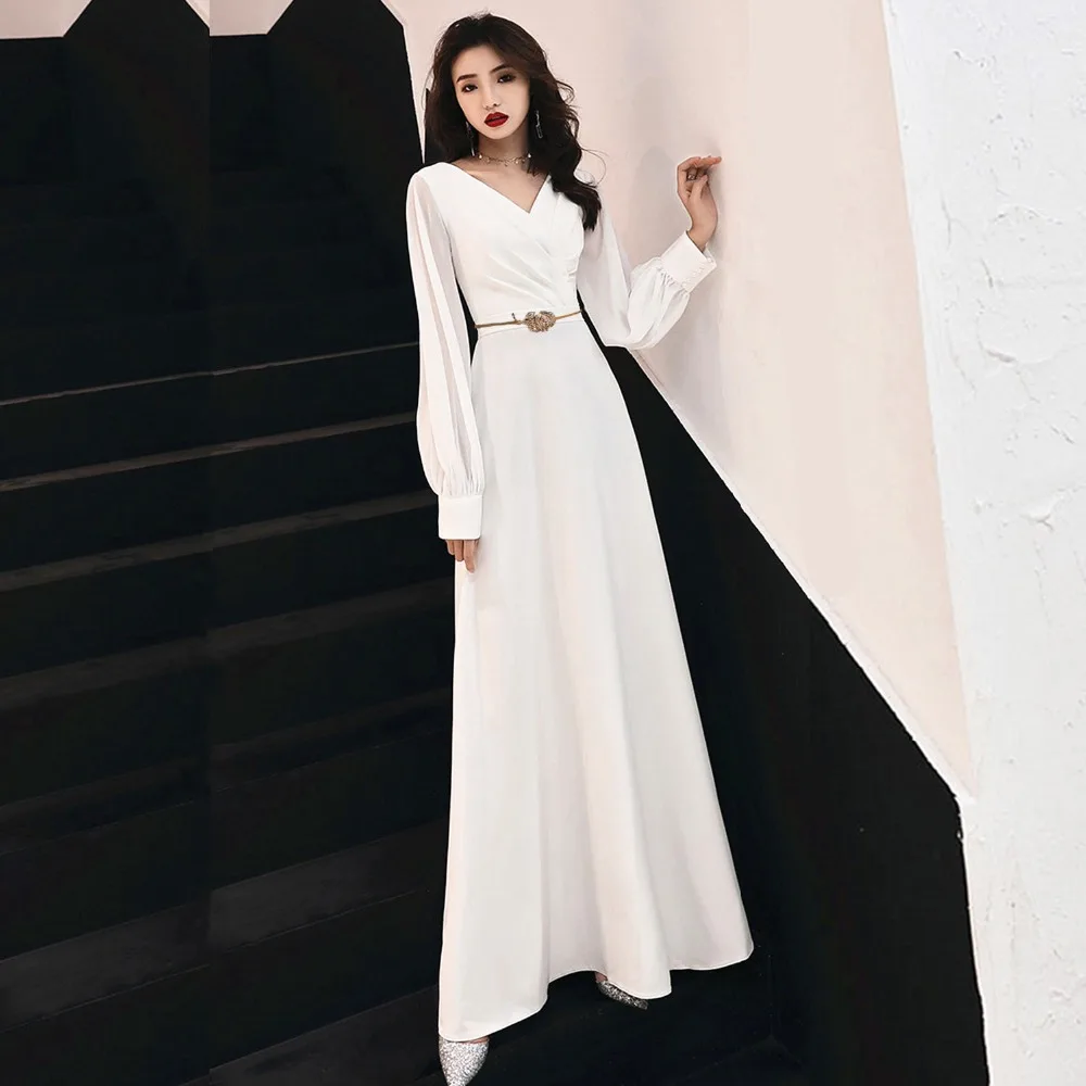 

Elegant Muslim Evening Dresses 2020 A -Line Long Sleeves Chiffon Islamic Dubai Saudi Arabic Long Prom Dress White And Gold Belt