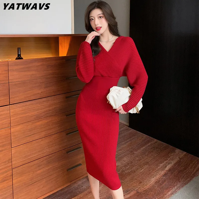 

YATWAVS Sexy Vintage V-Neck Knitted Dresses New Women High Quality Long Sleeve Solid Slim High Waist Sweater Dress