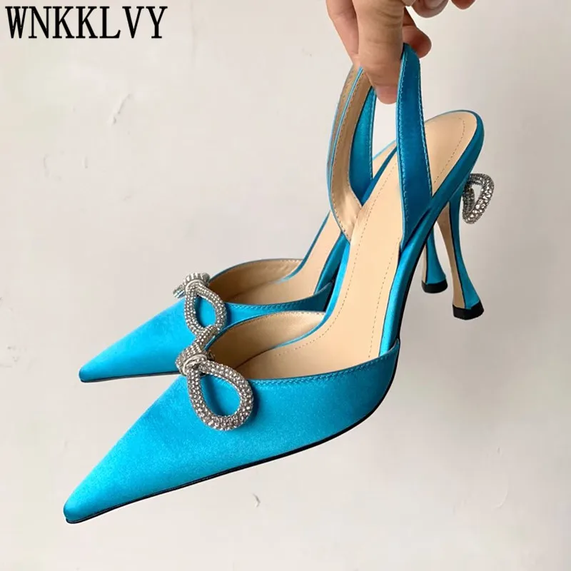 

New Pointed Toe Thin High Heel Pumps Women Silk Stain Crystal Bow-Knot Decor Slingback Sandals Summer Sexy Wedding Bride Shoes