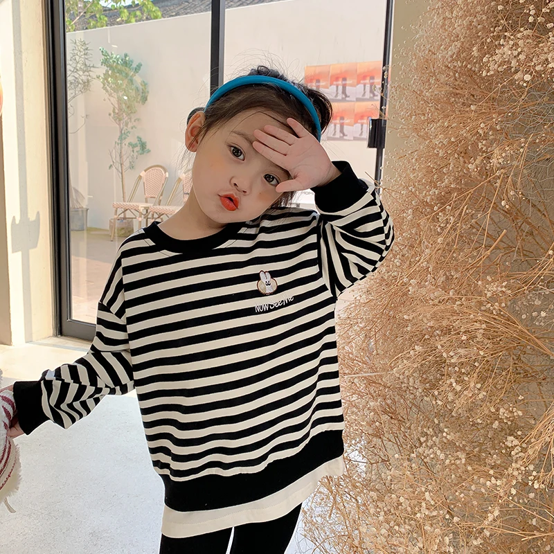 

MILA CHOU 2021 Spring Autumn Boy And Girl's Oversize Stripe Sweatshirt Long-sleeve False-two Children kids Tops 2-8Y
