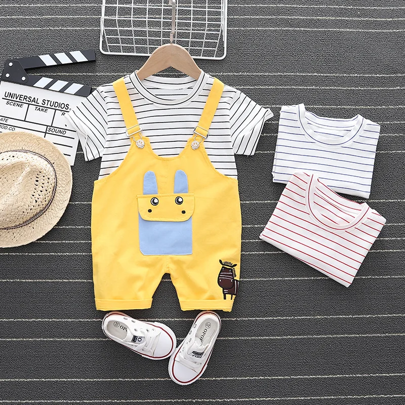 

2021 Summer Infant Baby Boys Fashion Clothes Set Toddler Girls Stripe Short Sleeve T-shirt+cartoon Rompers 2-piece Suits
