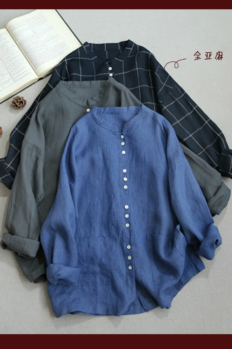 

Spring Autumn Women All-match Loose Plus Size Plaid Sustainable Natural Fabric Comfortable Linen Shirts/Blouses