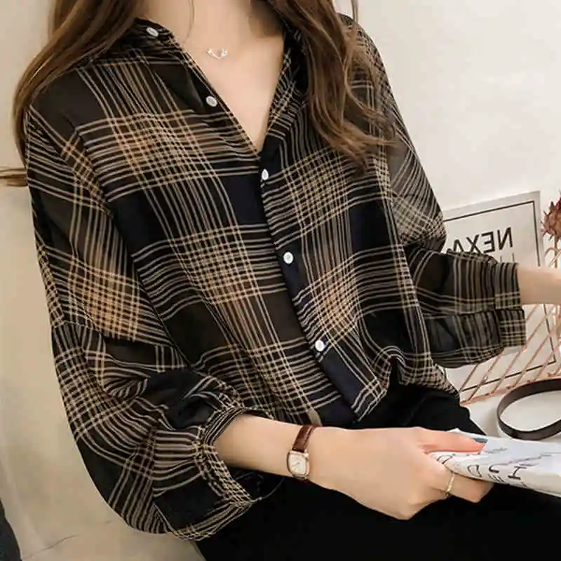 2019 Осенняя шифоновая Свободная рубашка в клетку с длинным рукавом черные топы