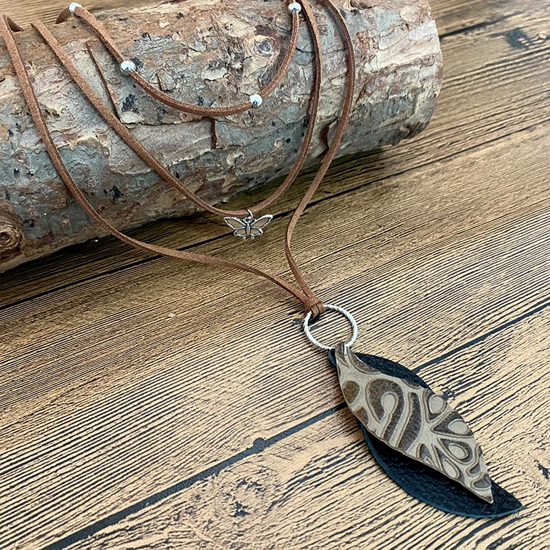 Ожерелье-чокер женское из натуральной кожи с подвеской в виде листа |