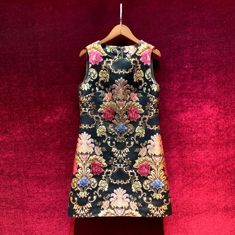 

High-end luxury 2021 summer new retro baroque heavy industry bead embroidery thin A-line skirt dress