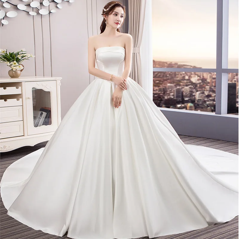

Wedding Dress Strapless 2021 Gryffon Classic Satin Court Train Lace Up Ball Gown Princess Luxury Vestido De Noiva Robe De Mariee