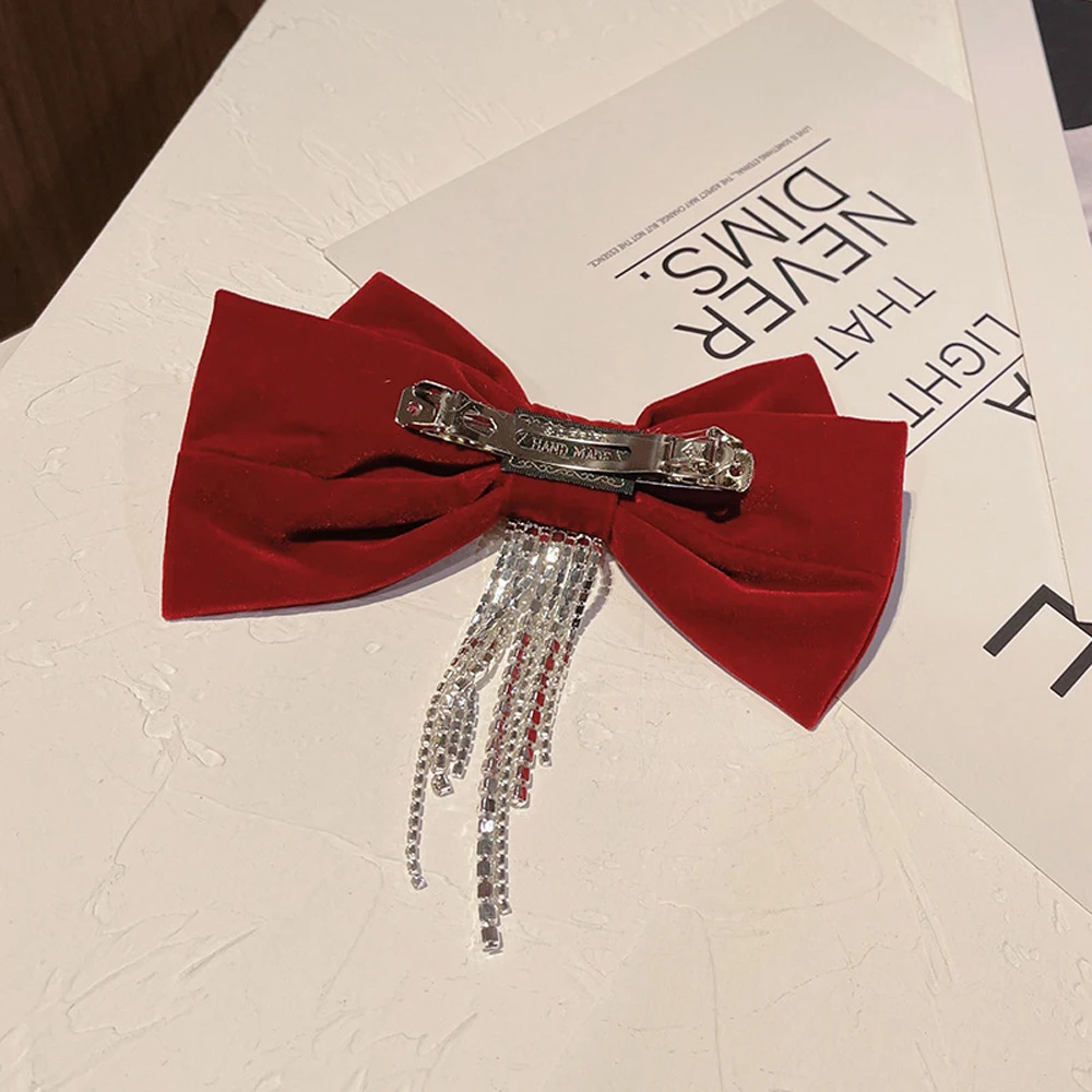 

Retro Fabric Hairgrip Velvet Bow Spring Clip Girls Crystal Rhinestone Chain Tassel Bows Hair Clip Jewelry Hair Accessories