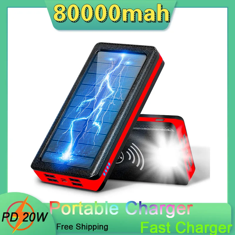 

80000mAh Wireless Solar Power Bank Portable Charger Fast Charging External Battery Charger Powerbank for Xiaomi IPhone Samsung