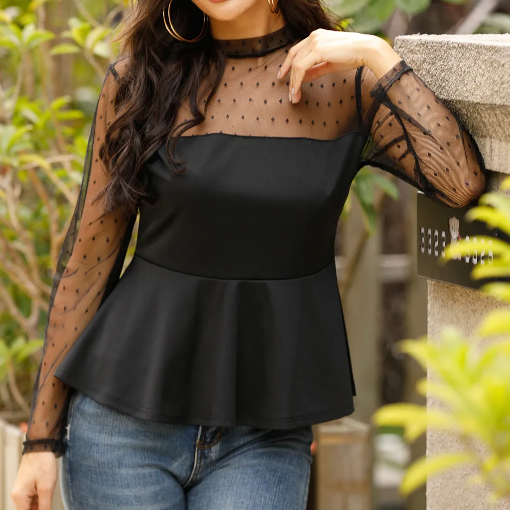 Женская блузка с длинным рукавом и баской сексуальная сетчатая в горошек