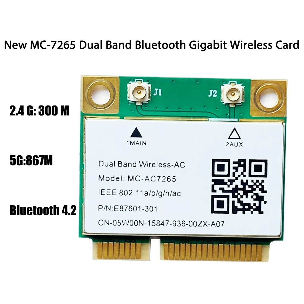 

MC-AC7265 Беспроводной Bluetooth 4,2 сетевая карта двухдиапазонный 2,4 ГГц/Wi-Fi 5 ГГц 6 адаптер 802.11ax/АС мини Pcie гигабитный сетевой карты