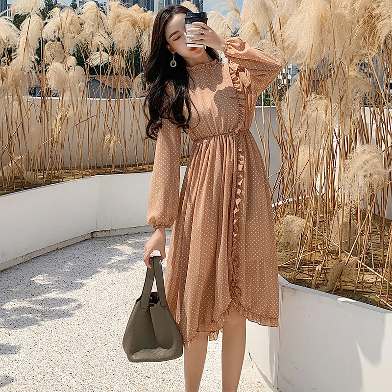 Однотонная винтажная одежда цвета хаки весеннее женское длинное шифоновое