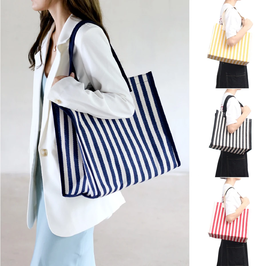 

Женская Холщовая Сумка-тоут на пуговицах, простой полосатый саквояж на плечо, Повседневная вместительная сумка для покупок с принтом для по...