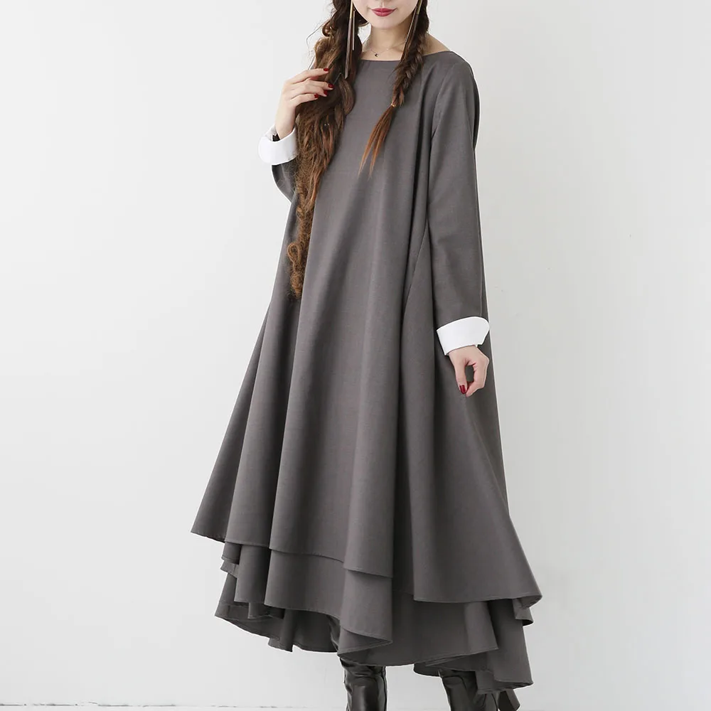 

Expansion Long Dress Women Office Ladies Elegant Korean Designer Fashion Long Sleeve Ruffles Loose Black Dresses Solid Gray Robe