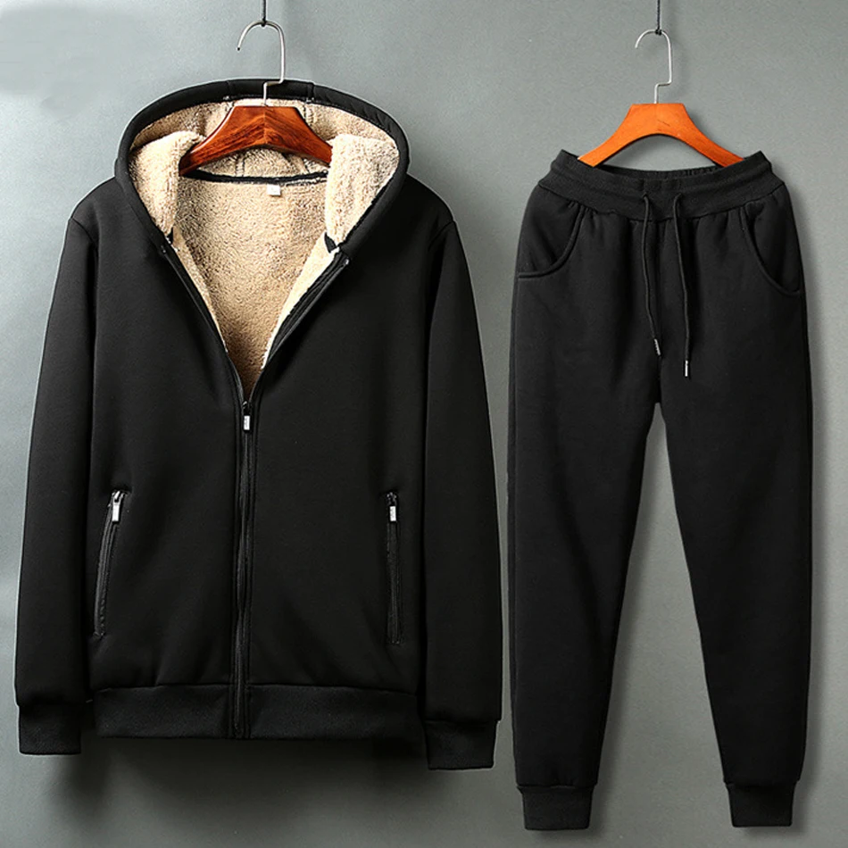 

Winter Men Casual Hooded Jackets Woolen Lining Warm Fleece 2 Pcs Tracksuit Full Length Sweatpants Set Suit Plus Size M-4XL