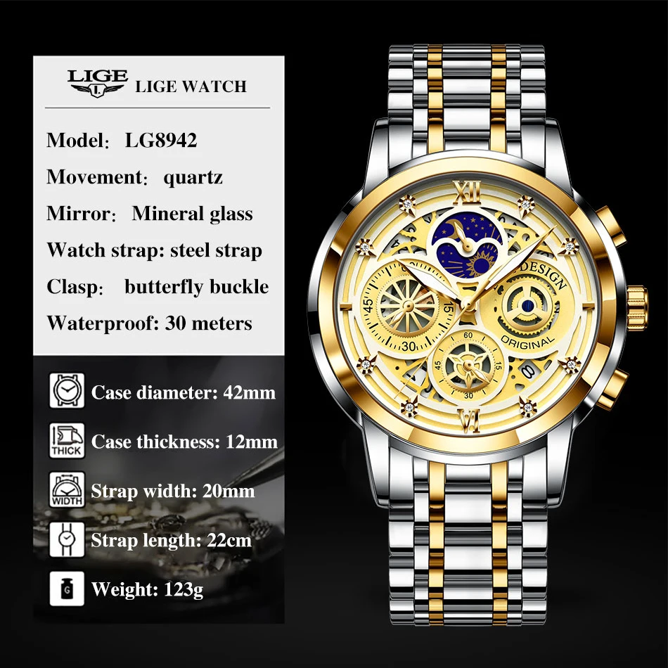 

LIGE Men Watch Top Luxury Brand Big Dial Sport Watches Mens Chronograph Quartz Wristwatch Date Male Clock Relogio Masculino 2021
