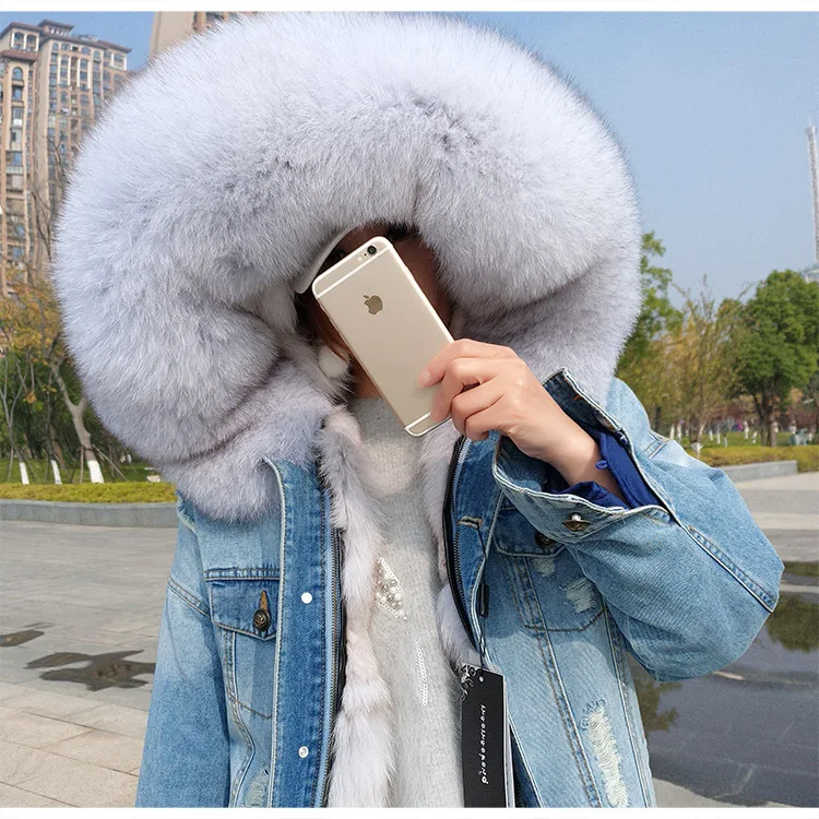 New Denim Pie Punk Fox Fur Grass Liner Coat Women Winter Real Casual Scorpion Collar Medium Long Jacket Thick | Верхняя одежда