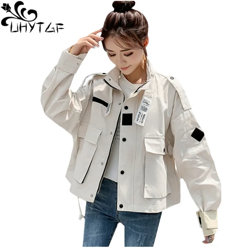 

Куртка UHYTGF женская оверсайз, однотонная Повседневная Верхняя одежда, элегантный короткий топ в стиле ретро для студентов, весна-осень, 975