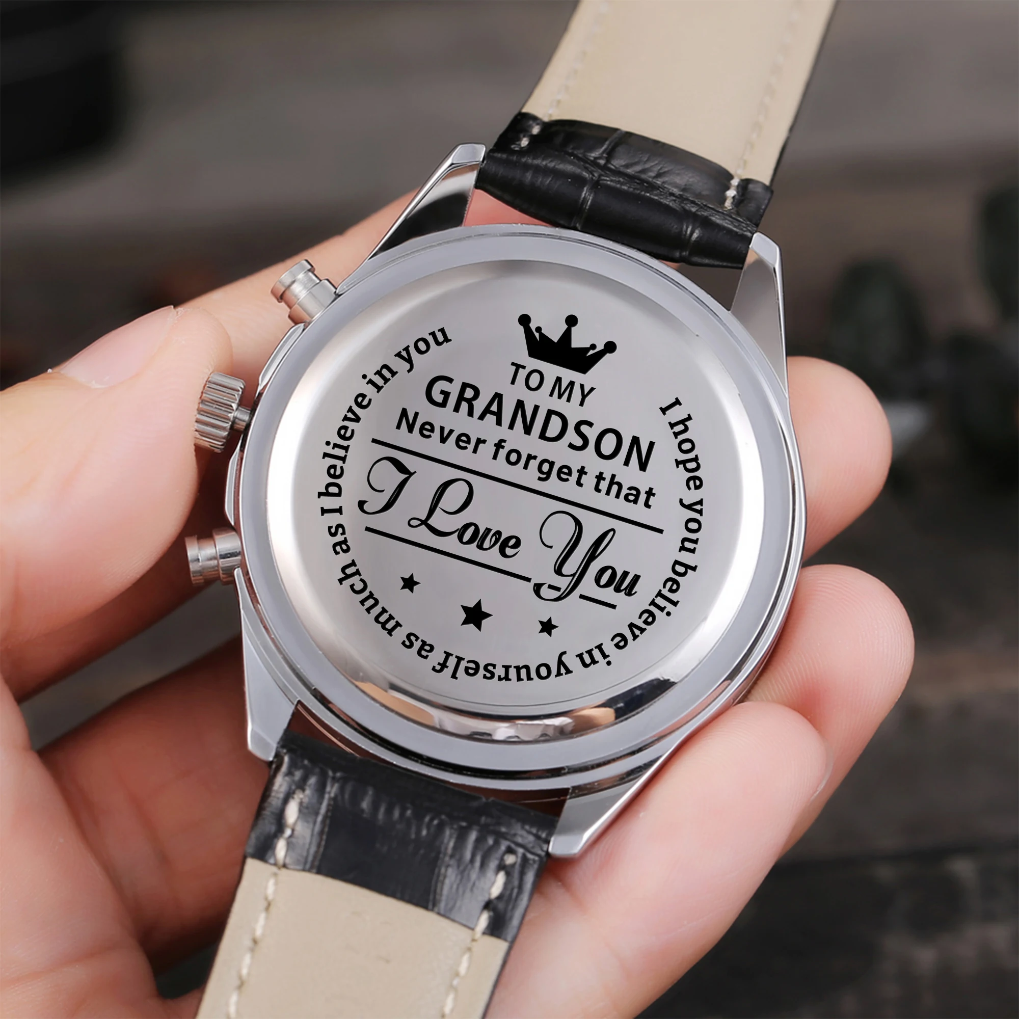 

My Grandson Fashion Luxury Waterproof Men Engrave Your Personalized Watch Leather Strap Birthday Graduation Military Anniversary