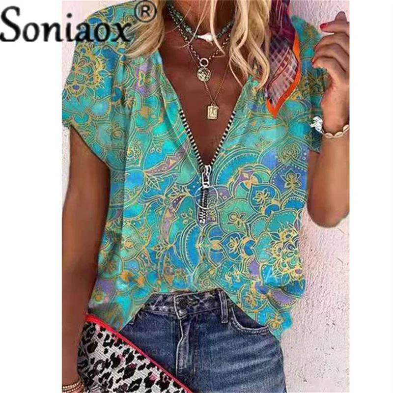 

2021 Summer Short Sleeve Woman Loose T Shirts Casual Vintage Print Women Tee Shirt Fashion Sexy V Neck Zipper Tops Pullover 5XL