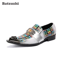 batzuzhi gentlemen mens leather shoes pointed metal toe color formal genuine leather dress shoes for men party and wedding