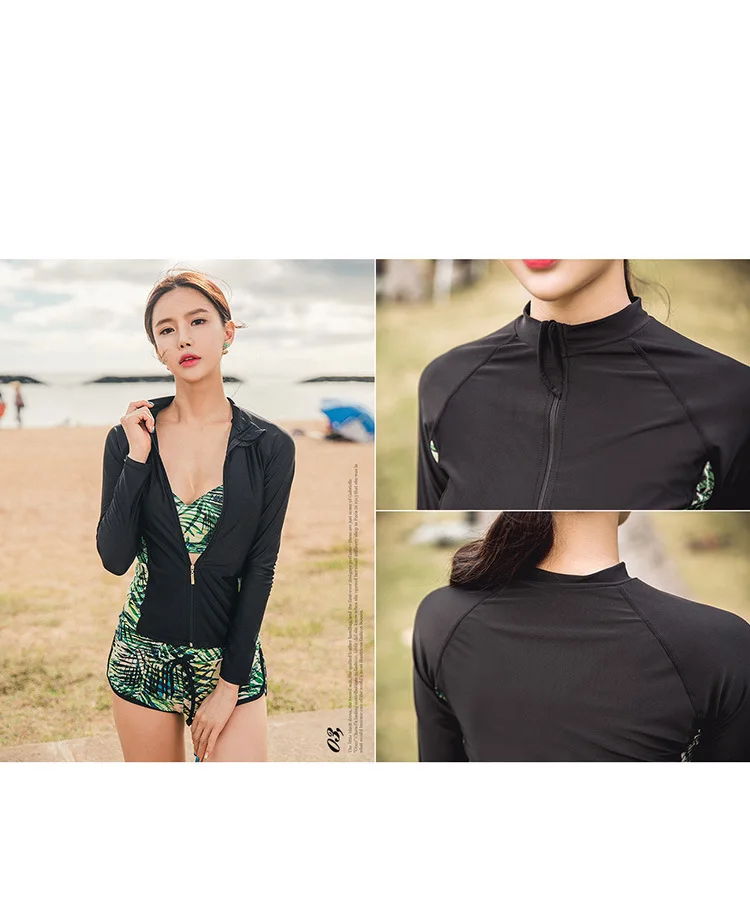 

Womens Rash Guard 3-piece Set Long Sleeve Zipper Shirt Deep Plunge Swimming Suits Tankini Sun UV Beachwear Swimming Suits
