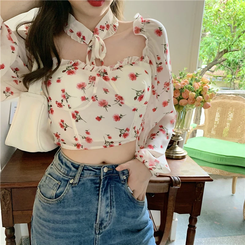 

Sweet Girls sexy Off Shoulder Lanter Sleeve Cropped Blouses Women's Floral Print Blouse Crop Tops For Female