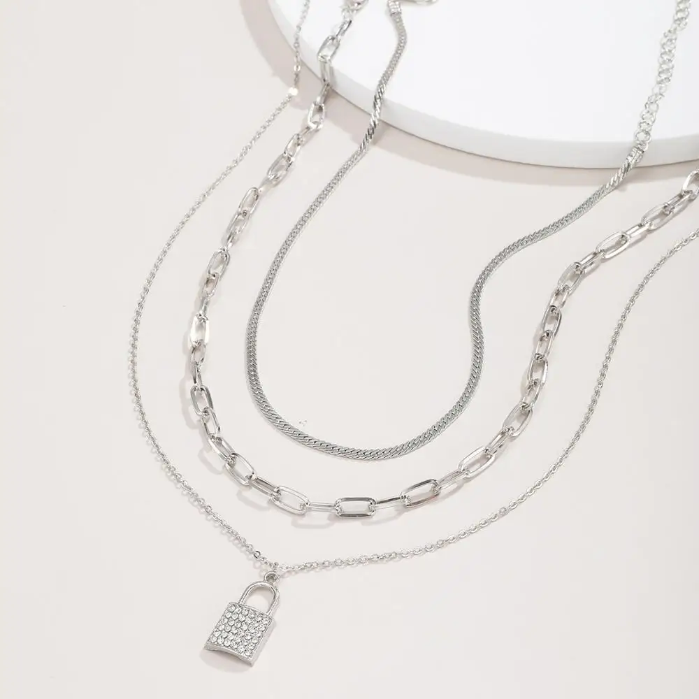 

SHIXIN 3 Pcs/Set Multi Layer Short Choker Colar Chain With Lock Pendant Necklace for Women Fashion Crystal Padlock Necklace 2020