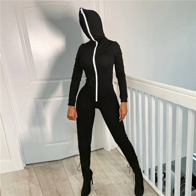 

Женский Облегающий комбинезон на молнии, повседневный однотонный Облегающий комбинезон с капюшоном для активного отдыха и фитнеса, осень ...