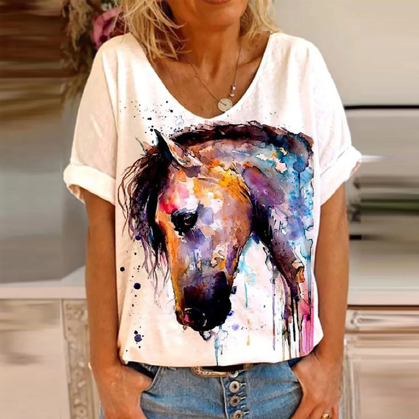 

Fashion Tie-Dye Horse Print Short Sleeve T-Shirt Female Summer y2k Casual Ladies V-Neck Loose Tops Top Tee Streetwear 2021 New