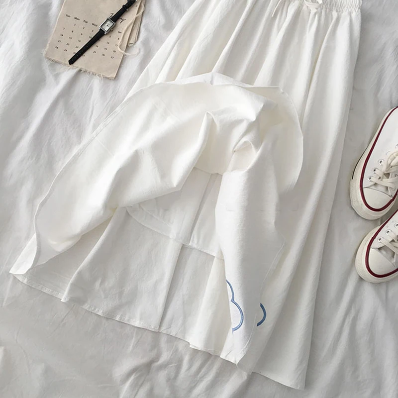 

HWLZLTZHT Women Korean Fashion Cotton Linen Skirt Embroidery Midi Skirt High Waist Summer Pleated Skirt Drawstring Women Skirt