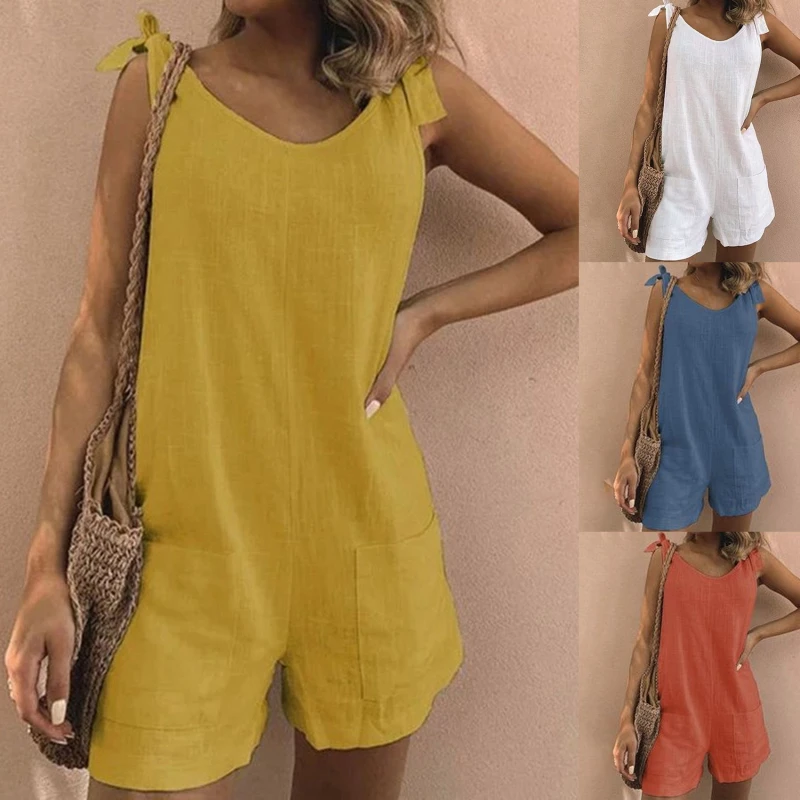 

Women Rompers Summer Casual Loose Sleeveless Jumpsuit Solid BowS Pocket Suspenders Bib Short Pants Wide Leg Playsuits Overalls