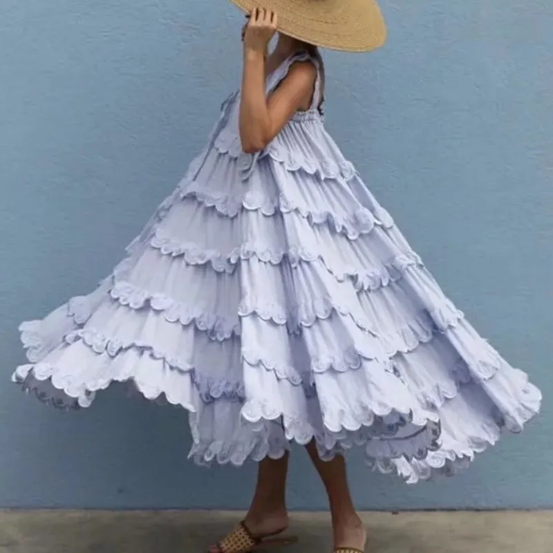 Женское многослойное платье без рукавов с оборками и бантом на бретелях Пляжное