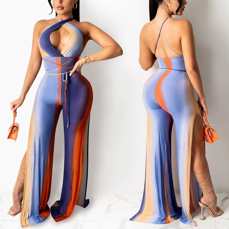 

Fashion Contrast Color Wide Leg Jumpsuits Summer New Cross Strap Rompers Casual Bandage Outfits