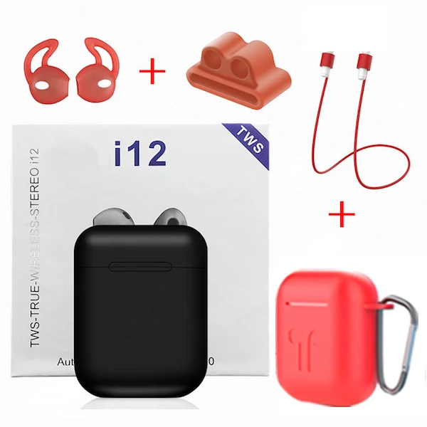 Black - Red Cases I12 Наушники Беспроводные Bluetooth 5,0 Спортивные Беспроводные наушники с аксессуары для наушников кожаный чехол для i9s i10 i7s i200 TWS - Цвет: Black - Red Cases