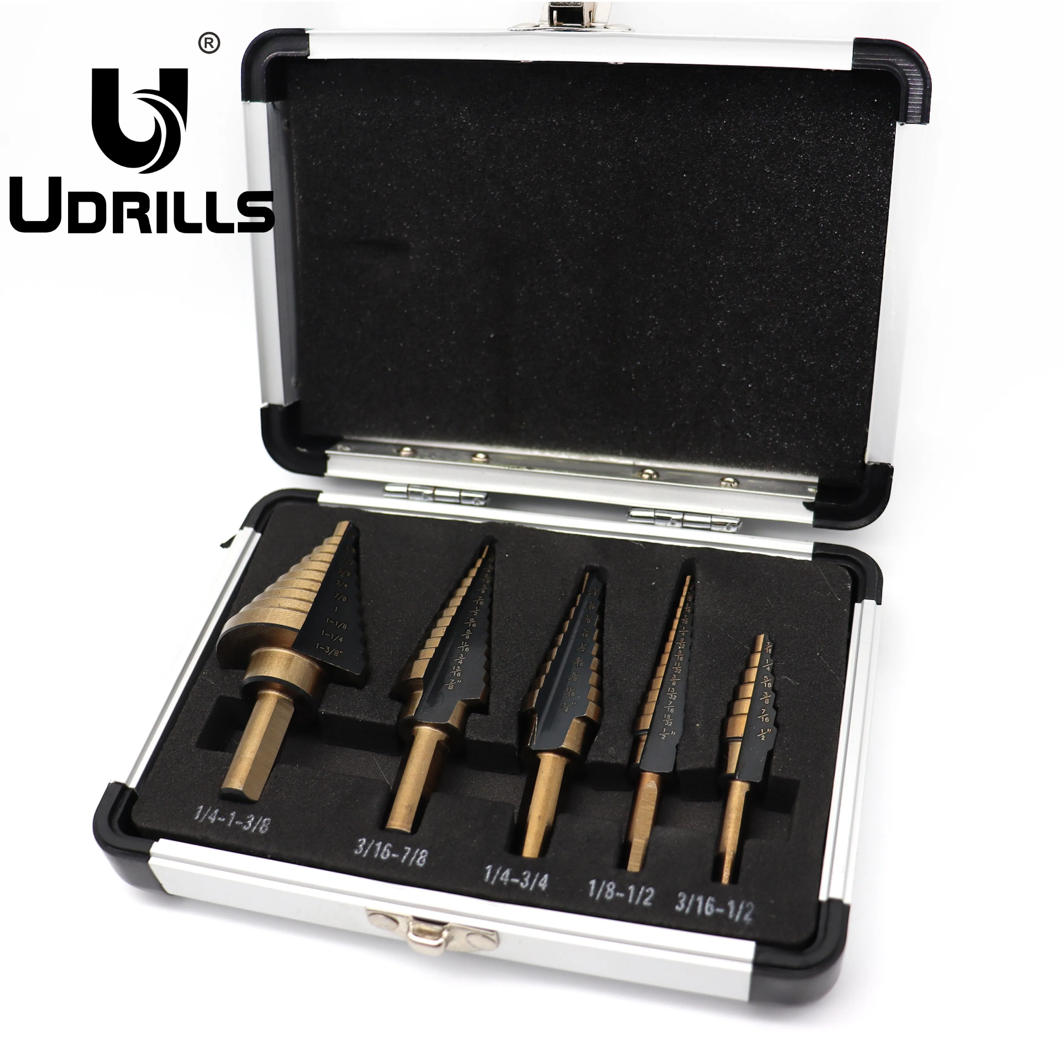 

Aluminum Box High-Speed Steel Straight Fluted Triangle Shank Step Drill, Imperial Five-Piece Set