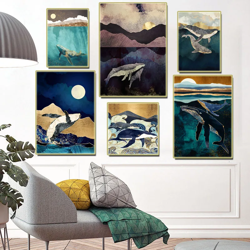 

Abstract Animals Prints Poster Whale Cloud Sea Mountain Canvas Painting Nordic Wall Art Pictures for Living Room Decor Cuadros