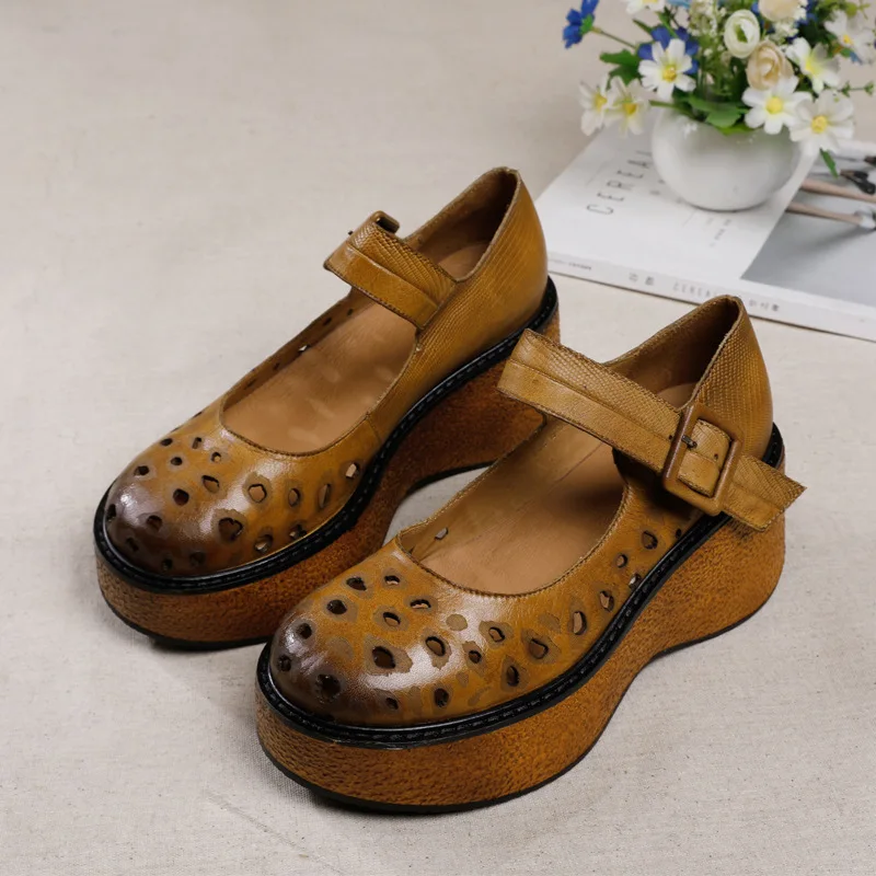 

VALLU 2020 spring and summer new women's shoes thick-soled leather hollow retro wedge women's shoes