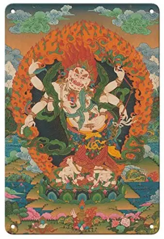 

Танкровая буддийская живопись Mahakala shadja Sita (белый Властелин с шестью руками)-Тибетский тангка, металлическая Оловянная вывеска